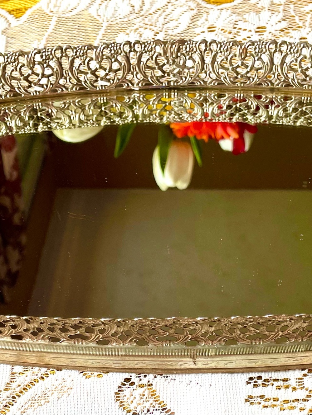 Ornate Silver-Tone Decorative Wall Mirror Tray - Silver